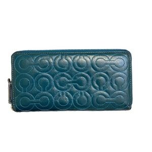 Coach blue patent leather stitched quilted c patten zipper clutch wallet